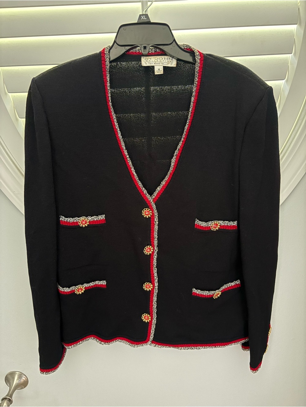 St John Collection Marie Gray Knit Jacket 16 Black Santana Red Gold Trim Cardiga